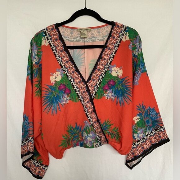 Flying Tomato Orange Green Wrap Blouse 3/4 Sleeve - Picture 1 of 4